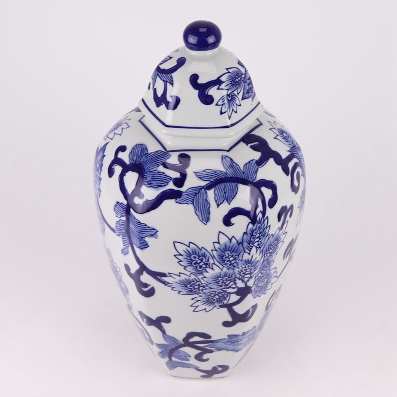 Blue and White Porcelain Flower Pattern Ceramic Ginger Jars Hexagonal General Tank Pot