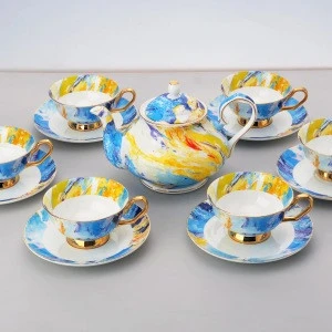 bone china factory hot sale colorful flower with golden rim coffee set tea set color design decal plates
