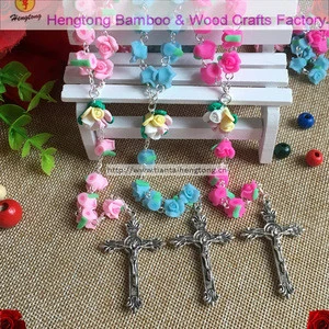 Candy bright color Soft Ceramic beads rose rosary catholic crucifix Necklace