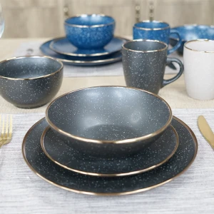 Ceramic stoneware mat black color speckle pattern metallic rim handmade tableware set