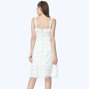 China Guangzhou Factory Exported Ruffled Tassels Gorgeous Infinity Dress Backless White Short Lace Bridesmaid Dress Knee Length