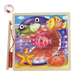Colorful educational ocean animal children wooden magnetic fishing game toys