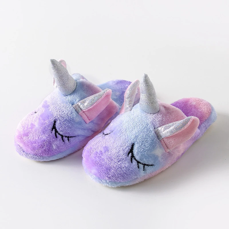 Colorful Purple Indoor Children House Slippers Unicorn Cute  Custom Star Pattern Plush Toy Non Slip Slippers