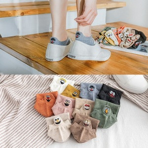 Cotton Summer Candy Color Kawaii Embroidered Expression Women Socks Happy Fashion Ankle Funny Socks Women