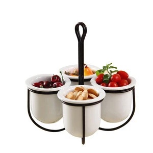 Creative hanging design round nesting small cheap white ceramic bowl with stand for snack