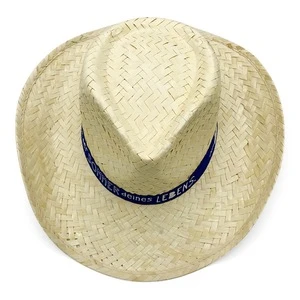 Customize logo printed ribbon fashion panama cowboy Kwai straw hat for summer