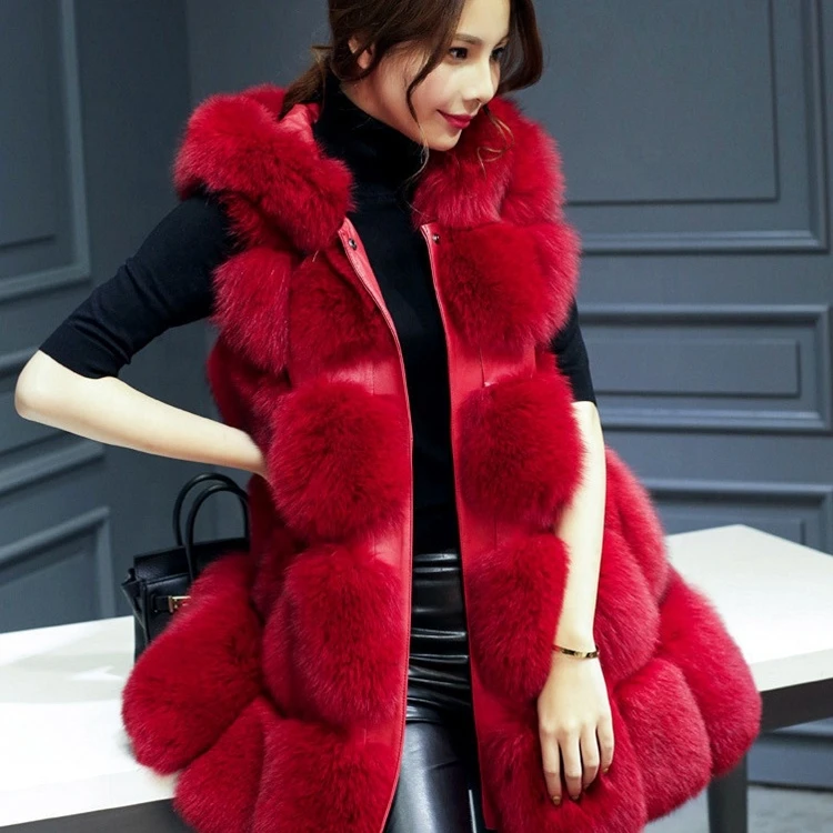Customized Winter Women Thick Long Overcoat Fake Fur Fashion Vest Coat