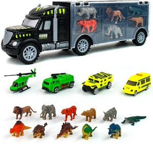 Dinosaur Transport Storage Car Toy box storage with 6 Mini Dinosaurs and 6 Animals  Double side Storage Transport Truck Toy