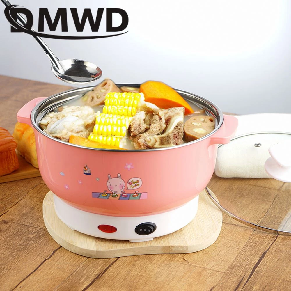 DMWD Multifunctional electric cooker MINI heating pan Stainless Steel Hotpot noodles rice Steamer Steamed eggs Soup pot 2L EU US
