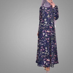 Elegant Chiffon Floral Print Muslim Dress High Quality O Collar Malaysia Kebaya Popular Islamic Clothing With Long Sleeves