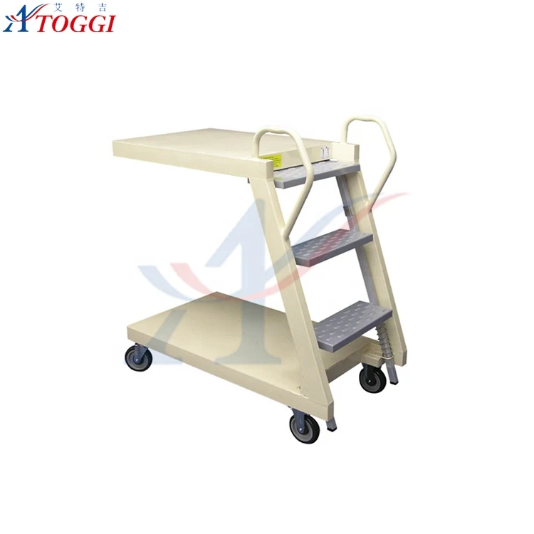 Folding metal step ladder trolley with safety rail