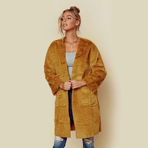 Front pockets yellow trench coat for women 2019 winter ladies long faux fur coat