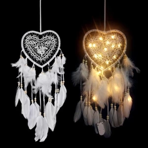Girl Heart Dream Catcher National Feather Ornaments Lace Ribbons Feathers Wrapped Lights Girls Room Decor Dreamcatcher