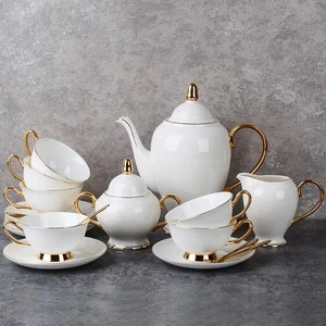 Graceful food grade china tea coffee sets , tea cup saucer , 15pcs porcelain tea set with gold handle for wedding