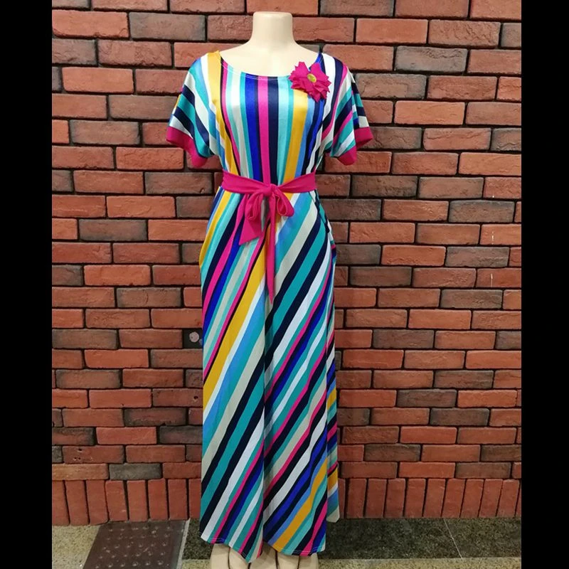 H &amp; D loose rainbow  Round neck  bat sleeve cotton thick printed multicolor casual women summer dress  with belt