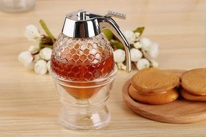 Honey Dispenser No Drip Glass Maple Syrup Dispenser Beautiful Honey Comb Shaped Honey Pot Jar with Stand