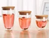 HT200014 Double Wall Heat-resistant Glass Cup + Bamboo Lid Transparent Water Coffee Tea Milk Wine Tea Glass Bamboo Glass Cup