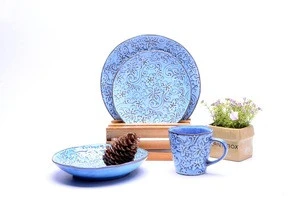Irregular shape ceramic embossed dinnerware sets with deep blue