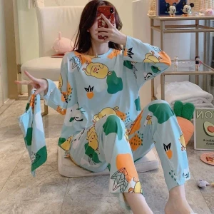 Korean version students loose round collar large size cartoon lovely ladies nightgown long sleeves spring and autumn home wear0