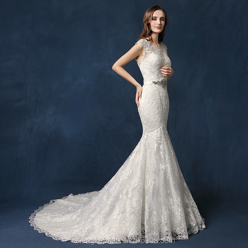 Latest Lace Long Mermaid Weeding Dress With Pearls Beaded Belt