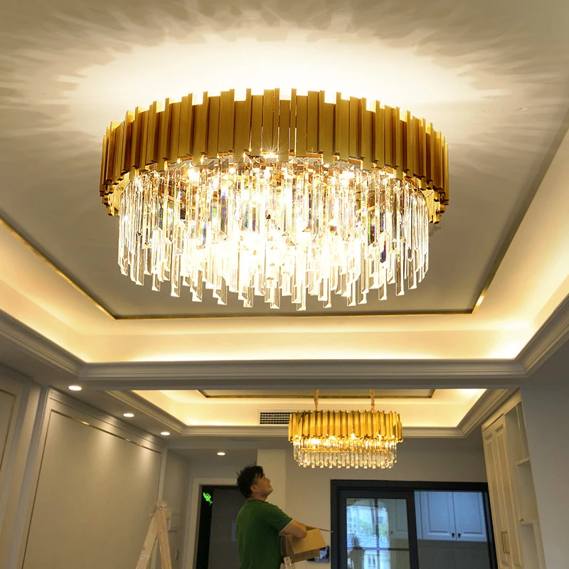 Luxury Round Gold Crystal Ceiling Light Modern Rectangle Crystal Pendant Chandelier Lamp for Villa Hotel Project