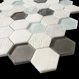 Mix Colors 4.8cm*4.8cm Bianco Carrara Marble and Glass Mixed Hexagon Mosaic