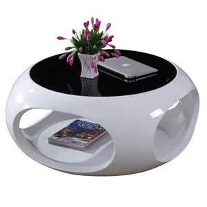 Modern home furniture fiberglass hole glass top round shape centre coffee table
