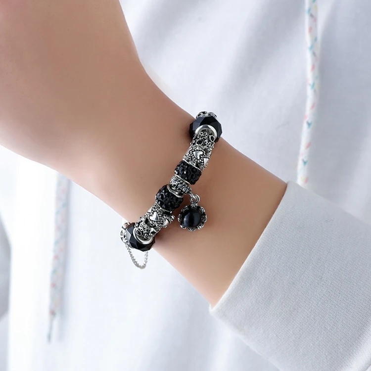 NUORO Ethnic Style DIY Heart Retro Black Glass Patterned Beaded Chain Cool Women Fashion Jewelry Round Pendant Bangle Bracelet
