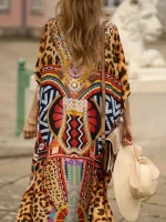 Plus Size Comfortable V-Neck Kaftan Dress Bohemian Relaxed Fit with Leopard Geometric Pattern Digital Print for Summer Adults