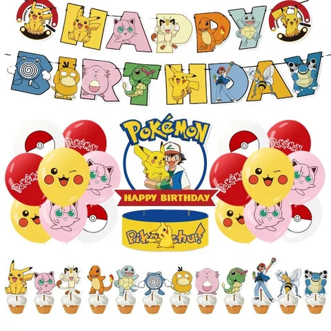 Pokemoned Cartoon Children Custom Banner Wholesale Kid Birthday PikachuTheme Disposable Decoration Kit Set