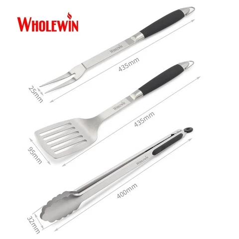 Popular 44 cm bbq 3 pc tool set barbecue stainless steel bbq tools with TPR coating handle