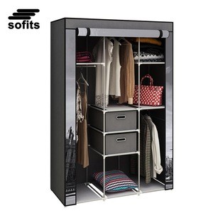 Portable bedroom non woven fabric wardrobe closet printed clothes storage wardrobe with 2 drawers