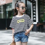 Print letters shoulder sleeve loose stripe child kids teenager girl t shirt