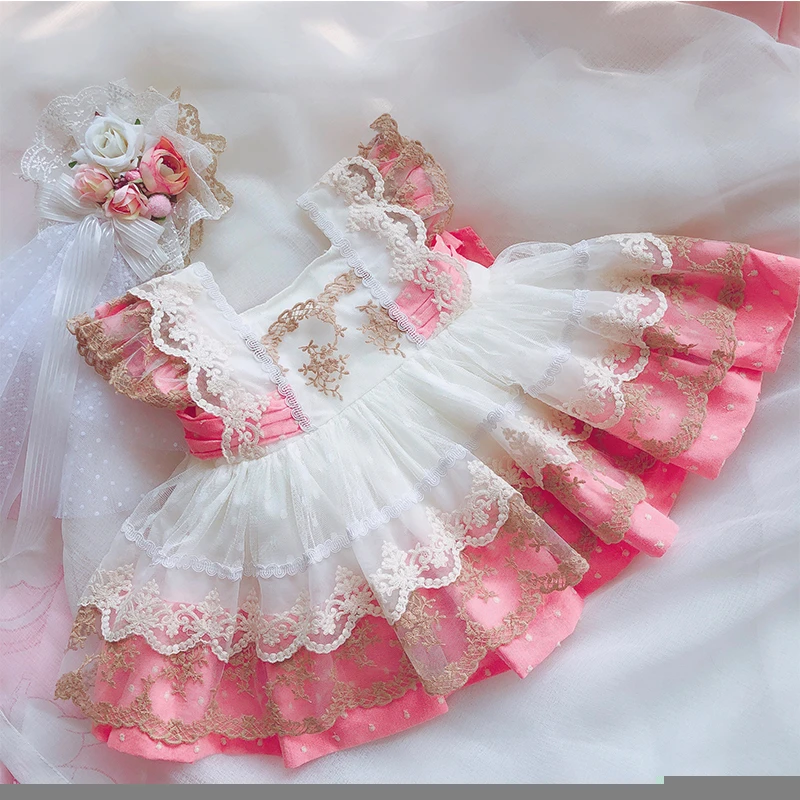 Spanish Girls Cotton Delicate Lace Alice Embroidered Princess Dress Holiday Party Wedding Sweet Dress