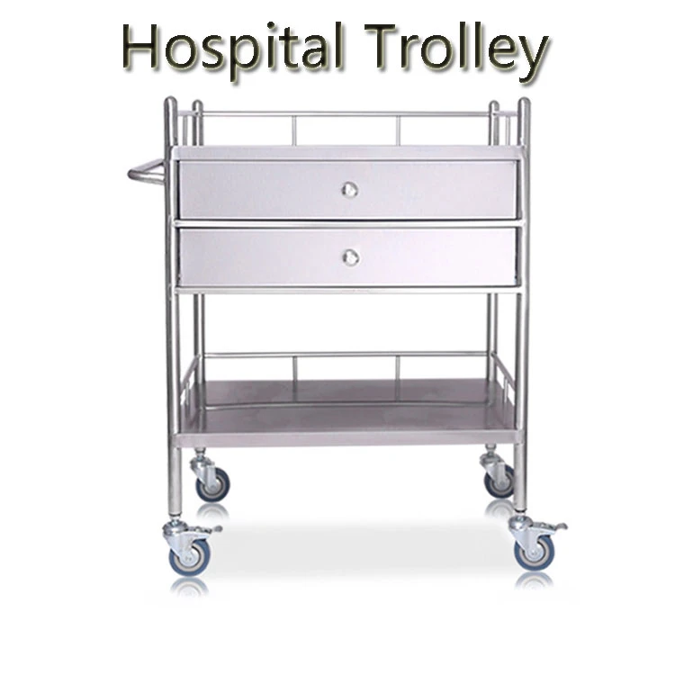 Stainless steel medical cart with two drawers and four wheels Hospital Trolley Stainless steel mobile car