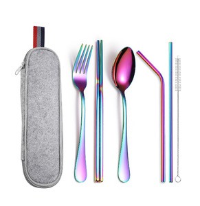 stainless steel Tableware knife fork spoon set metal straws flatware Portable travel cutlery set with case