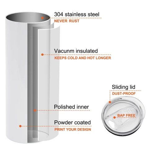 Sublimation Stainless Steel Skinny Double Wall Insulated Straight White 20oz Sublimation Enamel Mug Skinny Tumbler