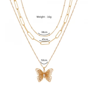 Summer Hot Trendy Butterfly Jewelry Necklace Simple Crystal Multi Layer Cuban Link Butterfly Pendant Necklace Set