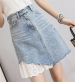Summer lace raw cut skirt A-line half above knee length grind jean girl mini skirt tight crotch over Hip skinny denim skirt