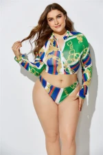 Summer Sexy Plus Size 3 Pcs Swim Wear Floral Print Zipper Long Sleeve Jacket Swim Hats Swimsuit Bikini