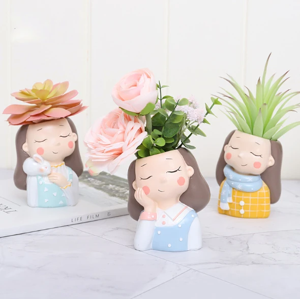 Superior quality tabletop decoration girls head resin flower vases