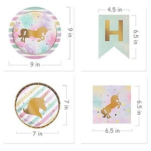 Unicorn Party Supplies Set Plates Cups Napkins and Bunting Banner Pastel &amp; Gold Unicorn Theme Party Favors for Kids Birthday