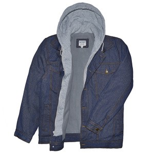 Victory Outfitters Men&#39;s Hooded Fleece Lined Washed Denim Jacket - Dark Blue / Medium Blue