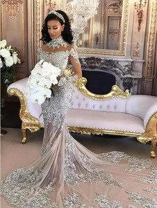 Vintage Luxury Arabic Wedding Dresses Long Sleeves High Neck Beads Mermaid Long Train Sparkly African Bridal Gowns MWA275