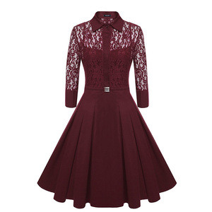 Vintage style turn-down collar chiffon lace A-line dress for ladies
