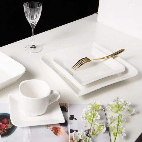 WEIYE HoReCa 5 pcs ceramic tableware white durable porcelain square wave style ceramic dinner set