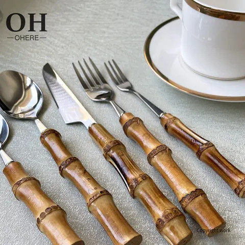 Western classic bamboo knife and fork durable and customized cutlery dinner set wooden bamboo cutlery for wedding and hotel