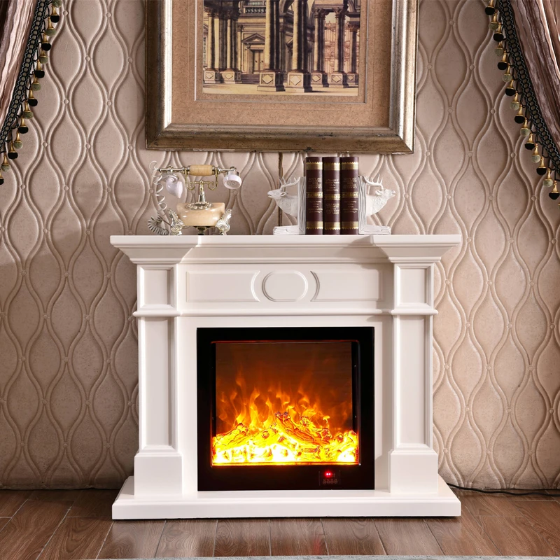 White decorative marble indoor fire place tv stand with wood mantel frame
