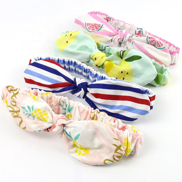 Wholesale custom handmade embellished hair accessories print elastic fabric bow cute baby girls hairband