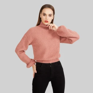 Wholesale Custom High Neck Women Sweater Turtleneck Puff Sleeve Sweaters Ladies Knitted Pullover Sweater